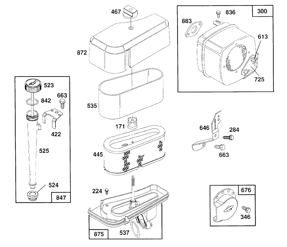 Air Cleaner,oil Fill,muffler Diagram and Parts List for 259707-4007-XX  Briggs and Stratton Engine